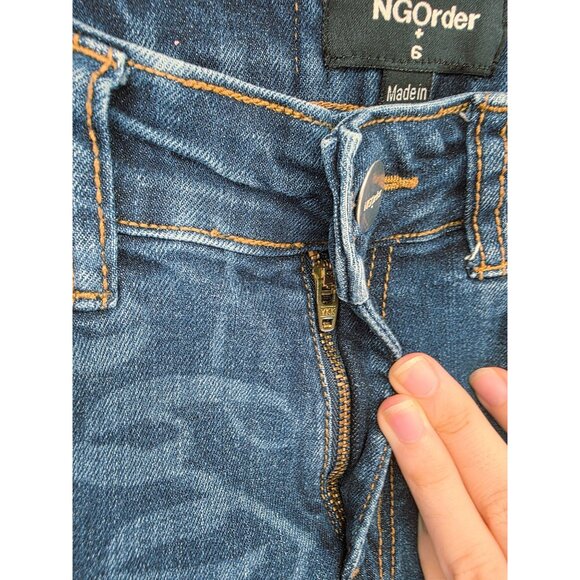 Dolls Kill NGOrder Low Rise Flare Jeans Angel Print Bootcut Size 6 Blue Denim - Picture 8 of 10
